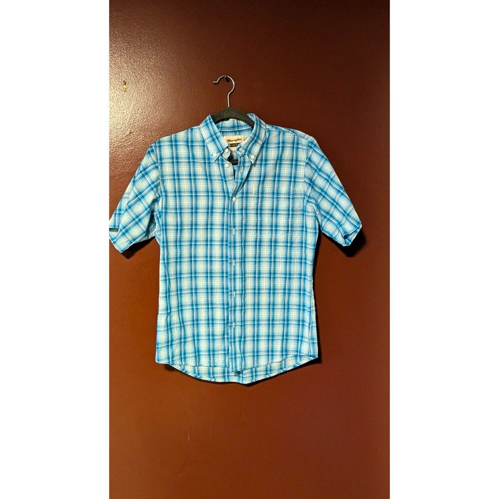 Wrangler Riata Boys XL 14-16 Blue Plaid Short Sleeve Button Down Shirt